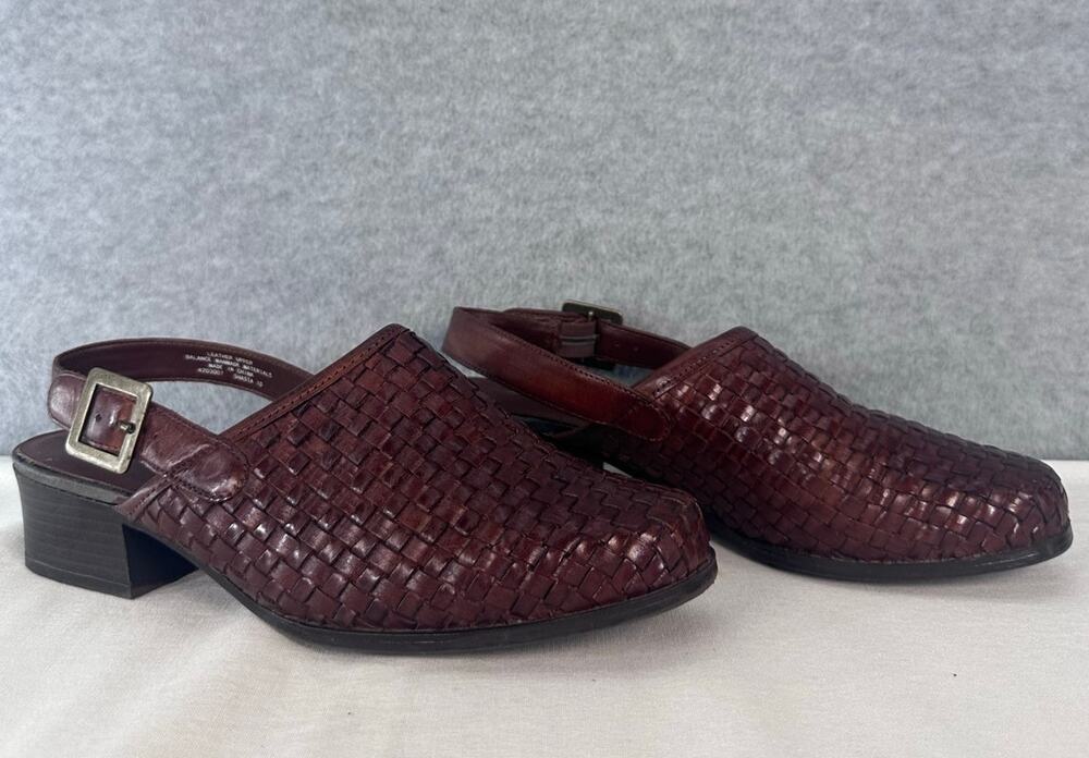 Fanfares Women's sz 9W/10? Woven Leather Clog with Strap 1.75" Block Heel Boho